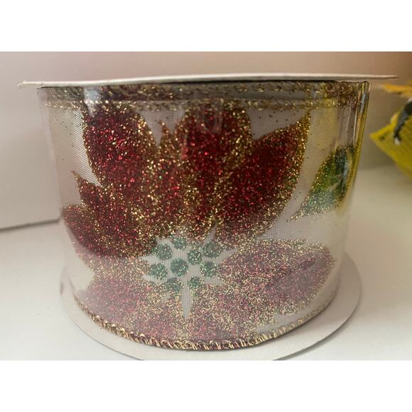 9 Feet 2.5” Red Gold Glitter Poinsettia Wired Christmas Ribbon for Gifts Crafts - Picture 3 of 8